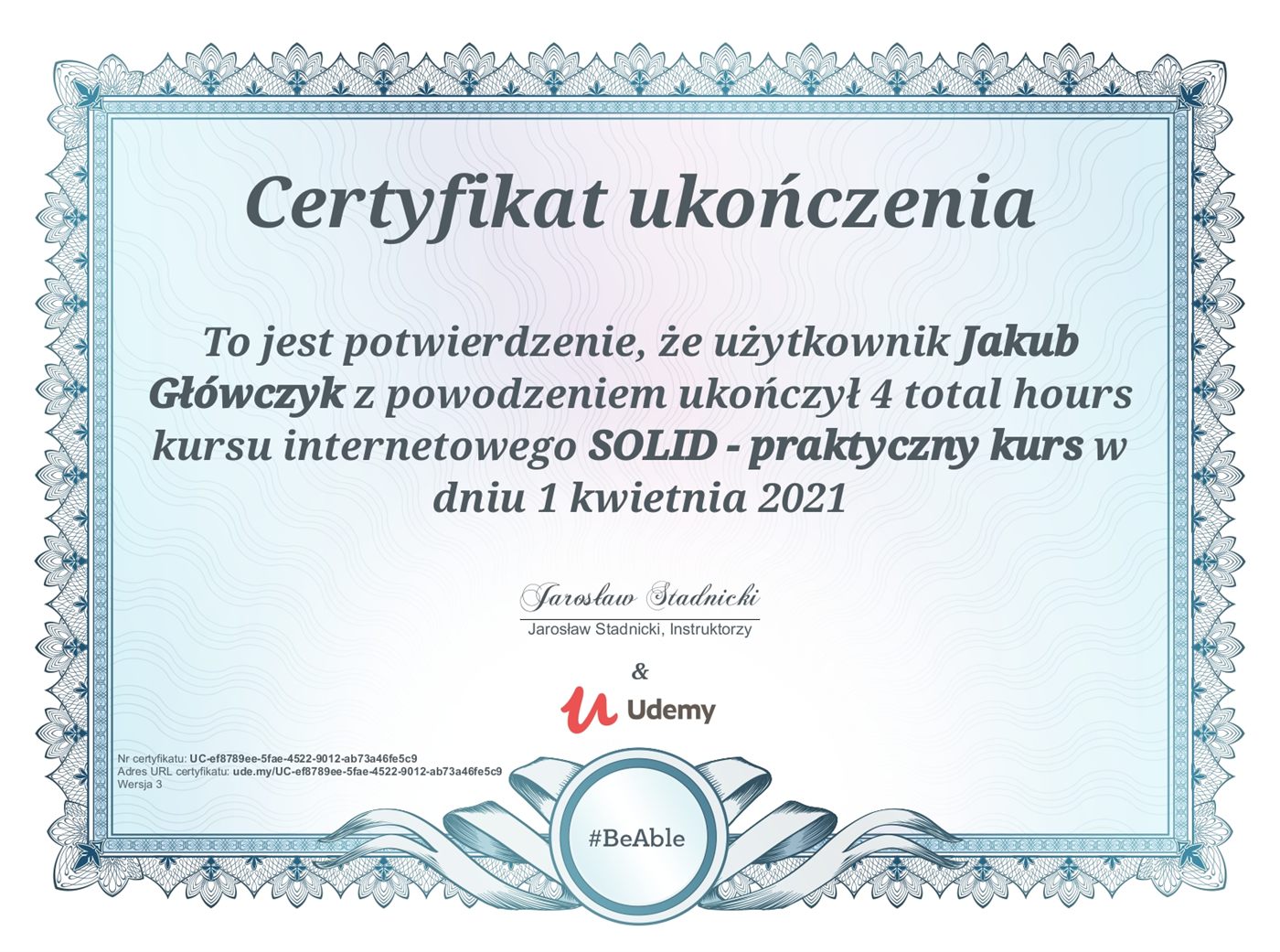 Certyfikat Udemy — SOLID